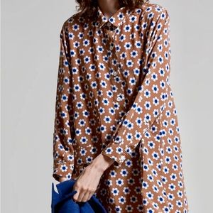 No. 6 Store Deep Tan/Navy Daisy Silk Button Up Mini Shirt Dress, sz M